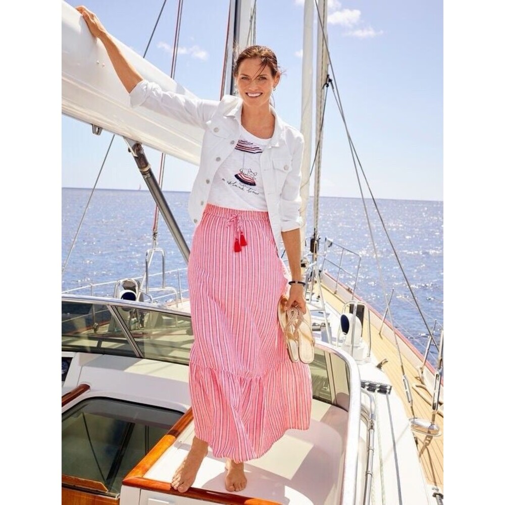 NWT Talbots Women’s Size 2X Red Striped Linen Blend Lined Maxi Flare Skirt